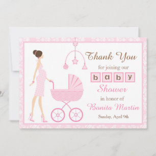 Rosa Damask Brunette Woman Baby Shower Tack Kort