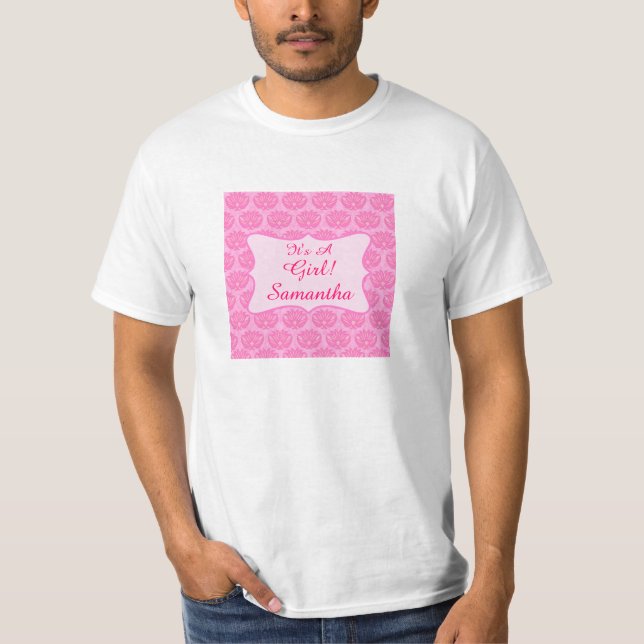 Rosa Damask Det är en flicka Namn Personlig Pappa T-shirt (Framsida)
