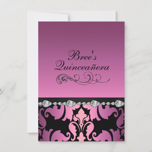Rosa Damask & Diamant Bild Quinceañera Inbjudan (Framsida)