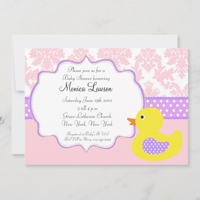 Rosa Damask Ducky Modern Baby Shower-inbjudan Inbjudningar (Framsida)