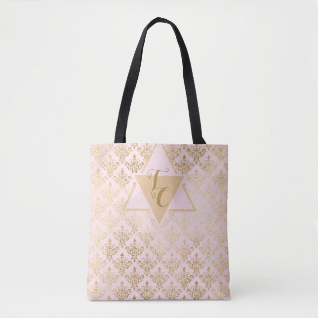 Rosa Damask Elegant Monogram Tote Tygkasse (Framsida)