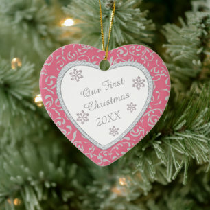 Rosa Damask Faux Diamond Första jul Julgransprydnad Keramik
