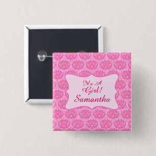 Rosa Damask Flicka Personlig Namn Badge Knapp