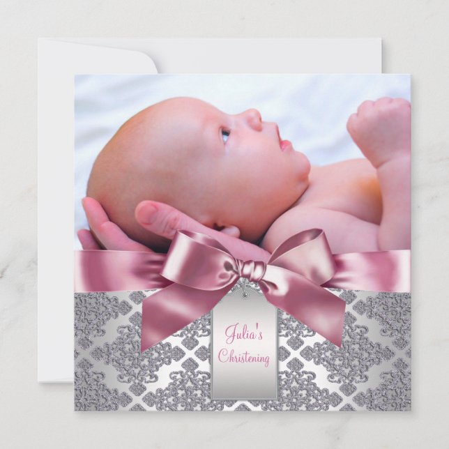 Rosa Damask Flicka Photo Christening Inbjudningar (Framsida)