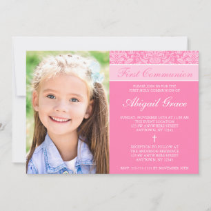 Rosa Damask Girl Photo First Communion Inbjudningar