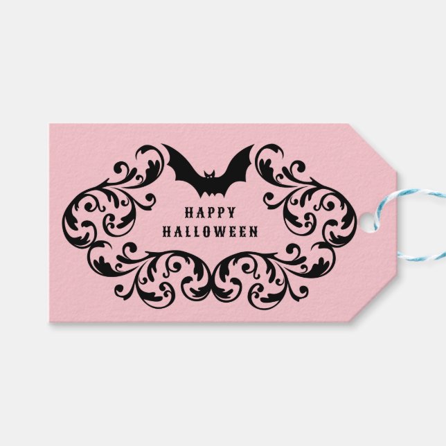 Rosa Damask Glam Fladdermus Happy halloween Presentetikett (Framsidan (Horisontell))