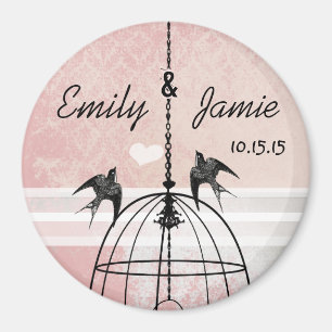 Rosa Damask & Grått Bird Cage Bröllop Magnet