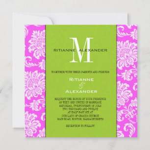 Rosa Damask Grönt Monogram bröllopsinbjudan Inbjudningar
