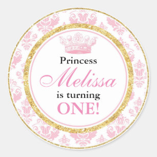 Rosa Damask Guld Princess 1:a Birthday Stickers Runt Klistermärke