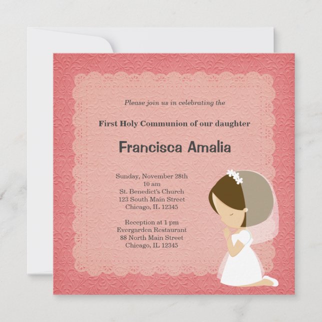 Rosa Damask Heliga Communion-flicka Inbjudningar (Framsida)