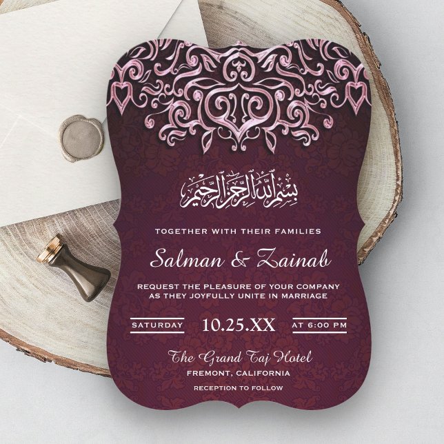 Rosa Damask islamisk muslimsk bröllopsinbjudan Inbjudningar (Skapare uppladdad)