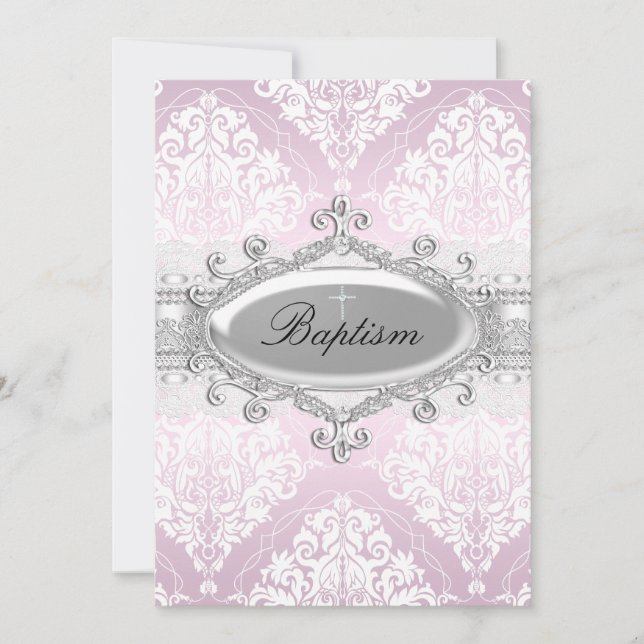 Rosa Damask & Juvelkors Dopinbjudan Inbjudningar (Framsida)