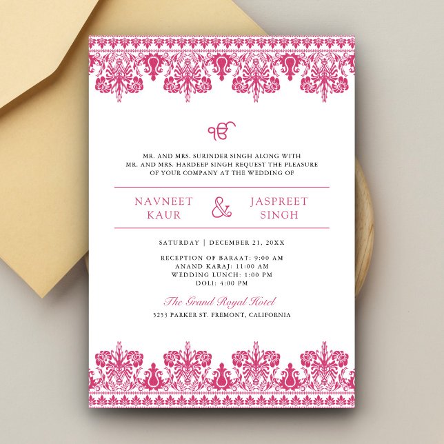 Rosa Damask-kant Anand Karaj Sikh-bröllop Inbjudningar (Skapare uppladdad)