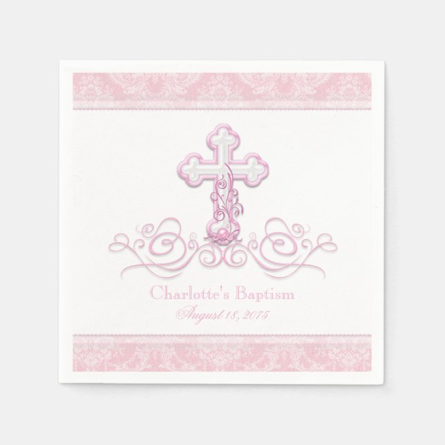 Rosa Damask Kor Girls Baptism Communion Napkins Pappersservett (Framsidan)