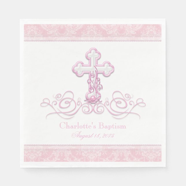 Rosa Damask Kor Girls Baptism Communion Napkins Pappersservett (Framsidan)