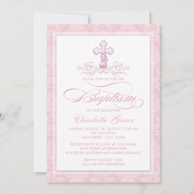 Rosa Damask Kors Flickor Dop Invitationer Inbjudningar (Framsida)