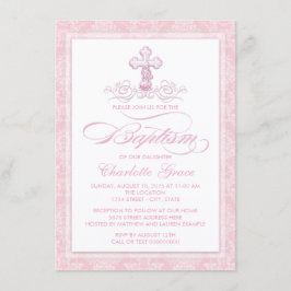 Rosa Damask Kors Flickor Dop Invitationer Inbjudningar