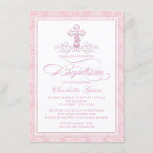 Rosa Damask Kors Flickor Dop Invitationer Inbjudningar