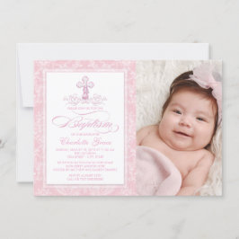 Rosa Damask Kors Flickor Foto Dop Inbjudan