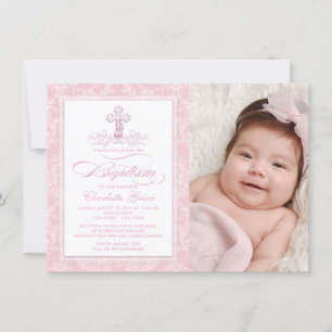 Rosa Damask Kors Flickor Foto Dop Inbjudan