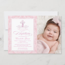 Rosa Damask Kors Flickor Foto Dop Inbjudan