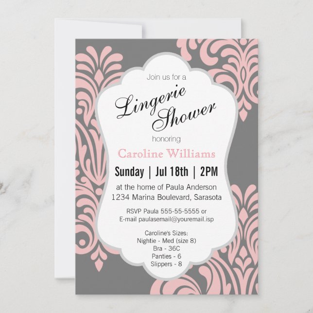 Rosa Damask Lingerie Shower Inbjudningar (Framsida)