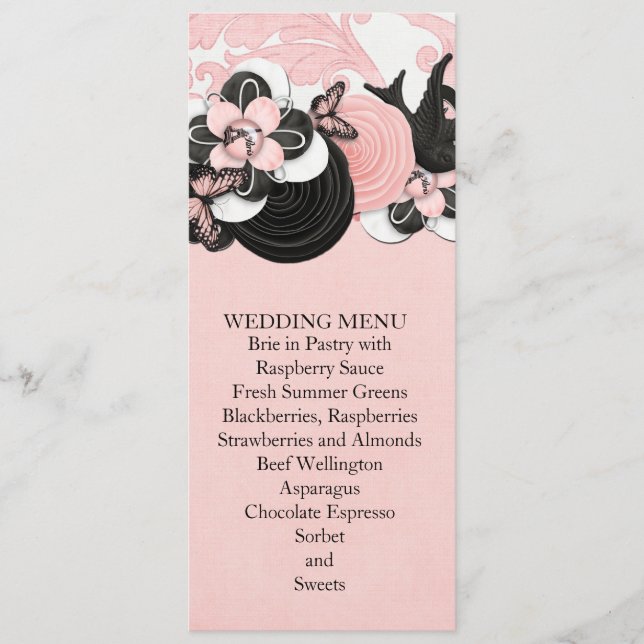 Rosa Damask Love Bird Bröllop Menu Meny (Framsida)
