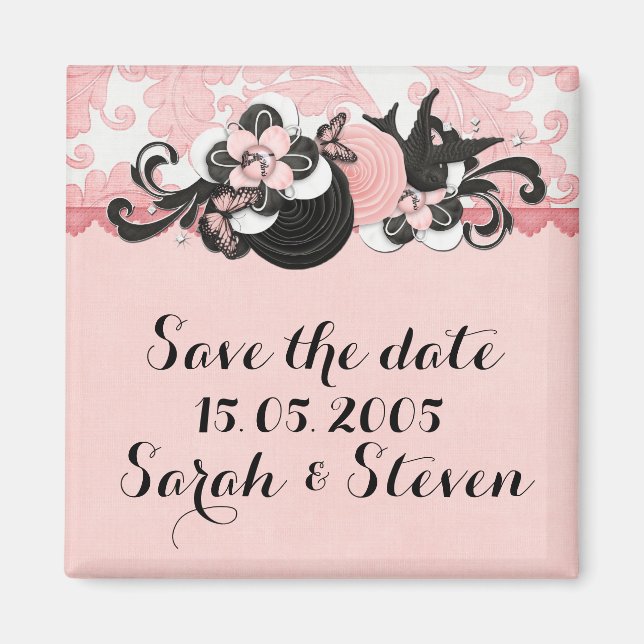 Rosa Damask Love Bird Spara datum Magnet (Framsidan)
