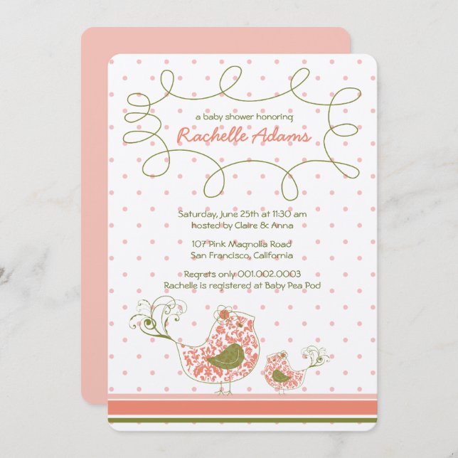 Rosa Damask Mamma & Baby Bird Chic Girl Baby Showe Inbjudningar (Fram/baksida)