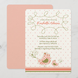 Rosa Damask Mamma & Baby Bird Chic Girl Baby Showe Inbjudningar