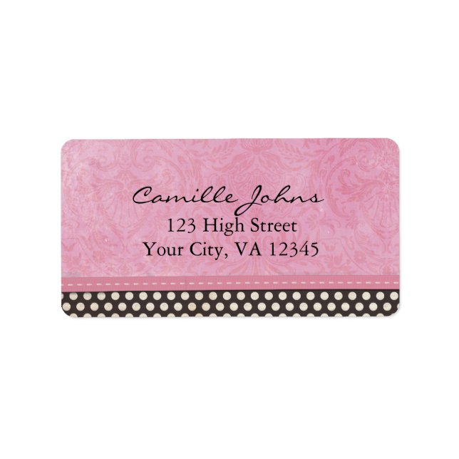 Rosa Damask med Black and White Polka dots Adressetikett (Framsidan)
