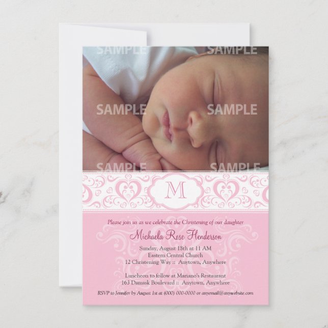 Rosa Damask Monogram Baptism/Christening Inbjudningar (Framsida)