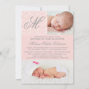 Rosa Damask Monogram Baptism Fotoinbjudan Inbjudningar