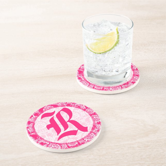 Rosa Damask Monogram Bröllop-årsdagen Underlägg Sandsten (Sidan)