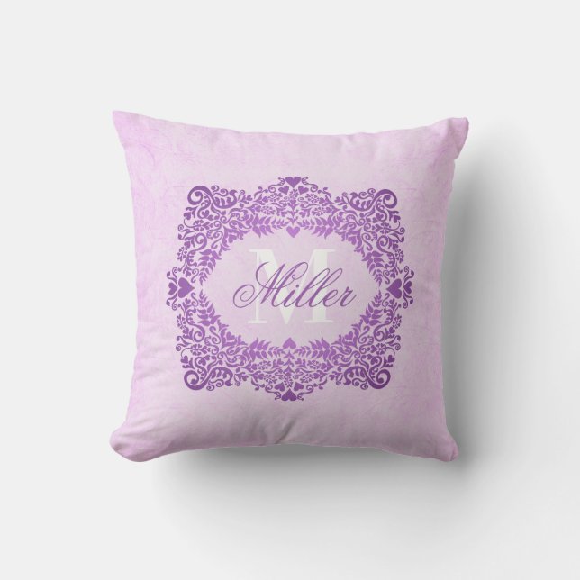 Rosa Damask Monogram Namn Kudde (Framsida)