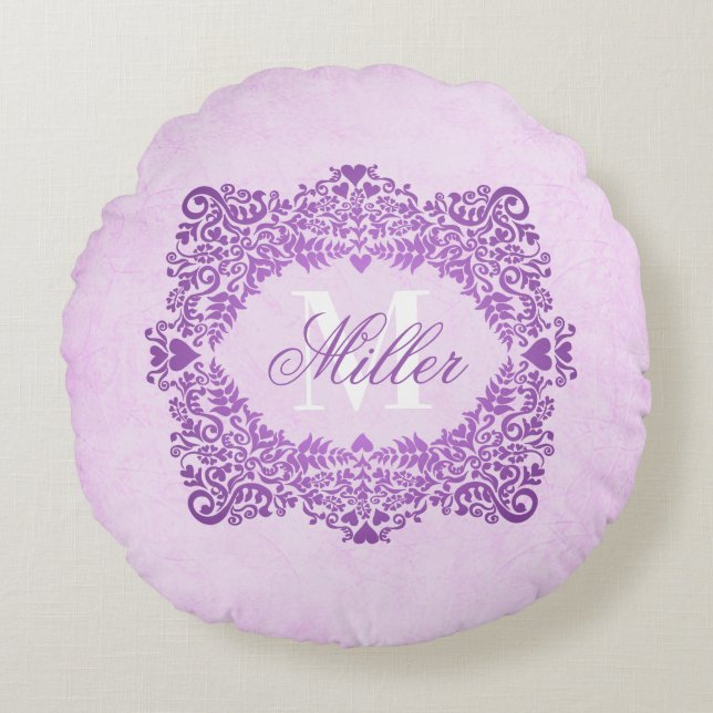 Rosa Damask Monogram Namn Rund Kudde (Framsidan)
