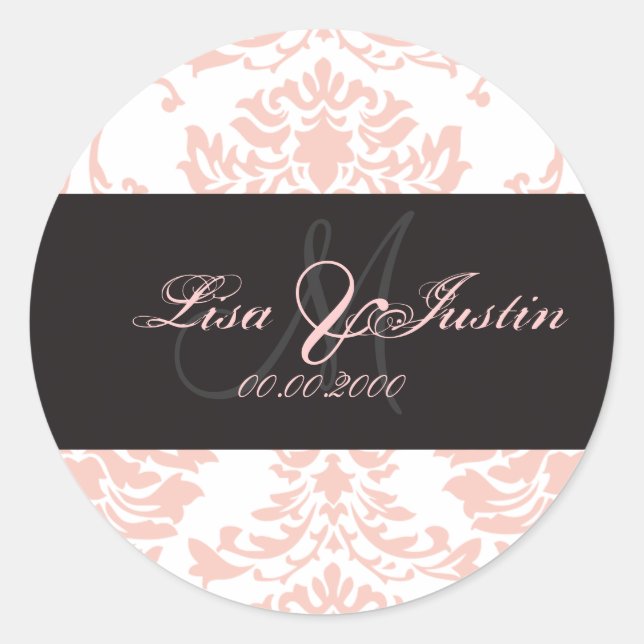 Rosa Damask, monogramklistermärken Runt Klistermärke (Framsida)