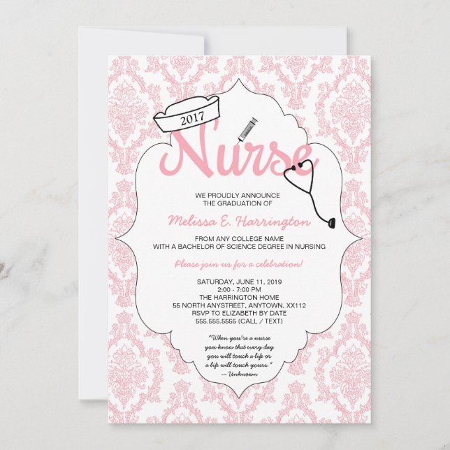Rosa Damask Nurse studenten som pinar inbjudan (Framsida)