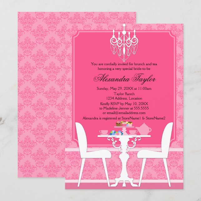 Rosa Damask och ljuskrona Bröllops Te Party Inbjudningar (Fram/baksida)