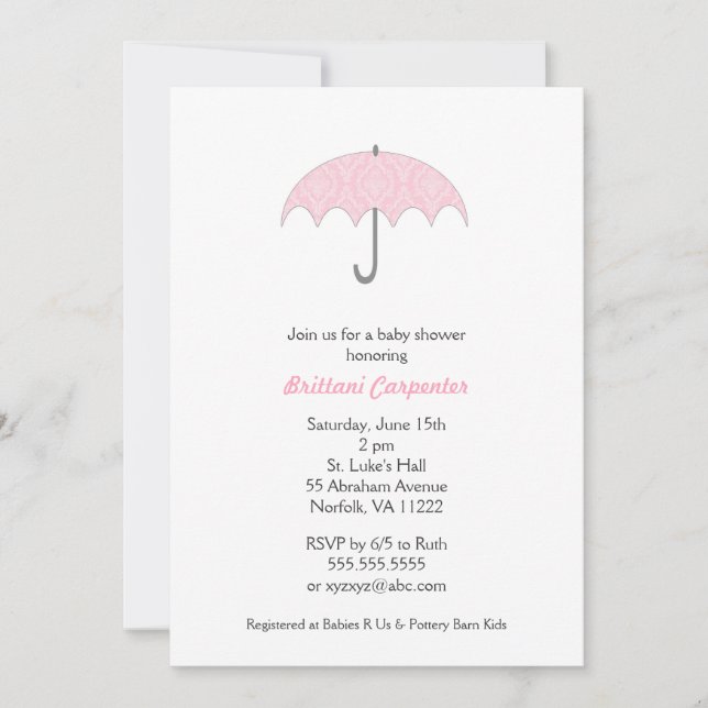 Rosa Damask Paraplla Baby Shower-Inbjudningskort Inbjudningar (Framsida)