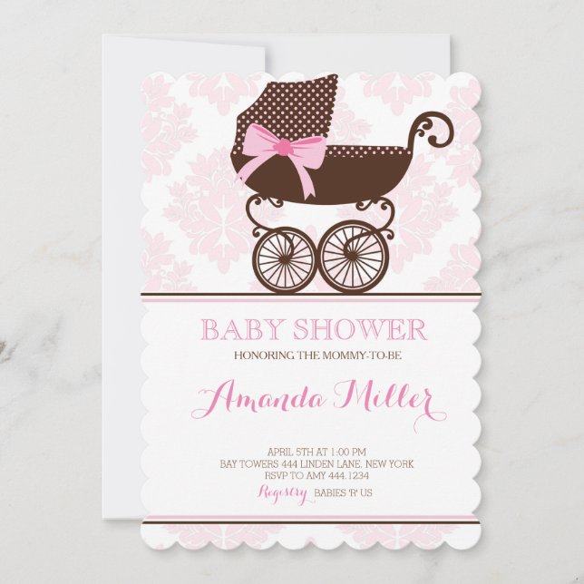 Rosa Damask Pram Baby Shower Flickinbjudan Inbjudningar (Framsida)