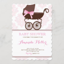 Rosa Damask Pram Baby Shower Flickinbjudan