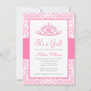 Rosa Damask Princess Krona Baby Shower Inbjudningar