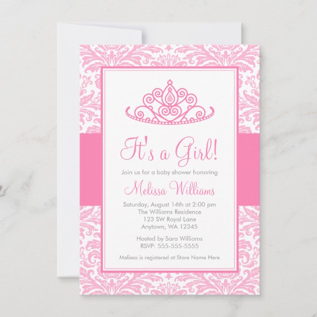 Rosa Damask Princess Krona Baby Shower Inbjudningar (Framsida)