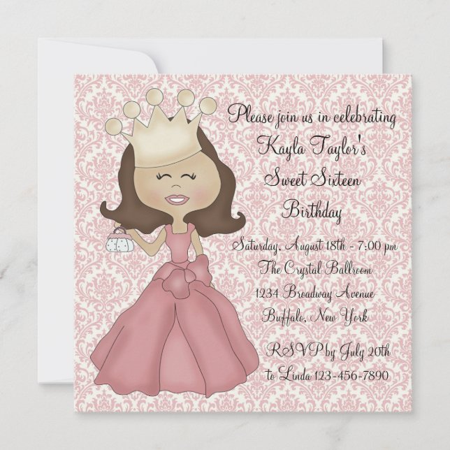 Rosa Damask Prinsessa Sweet 16-fest Inbjudningar (Framsida)