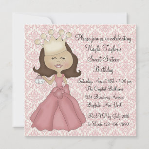 Rosa Damask Prinsessa Sweet 16-fest Inbjudningar