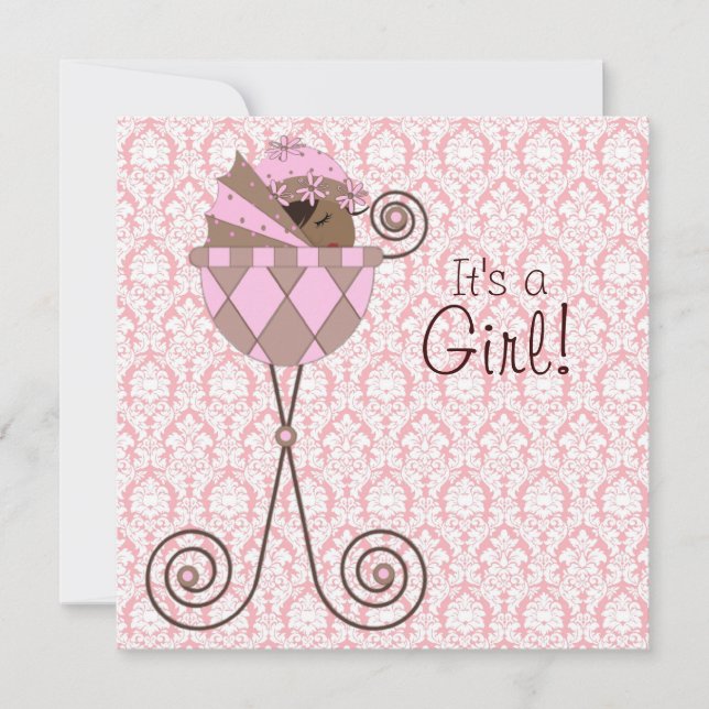 Rosa Damask Rosa Brown Flicka Shower Inbjudningar (Framsida)