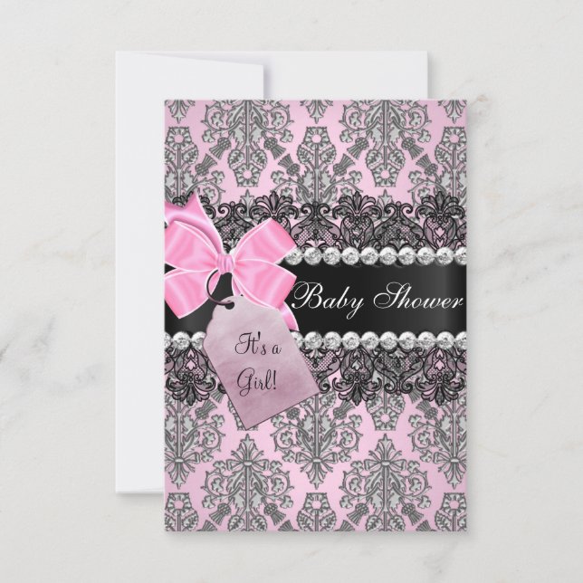Rosa Damask & Spets Flickig Bebis Shower Inbjudan (Framsida)