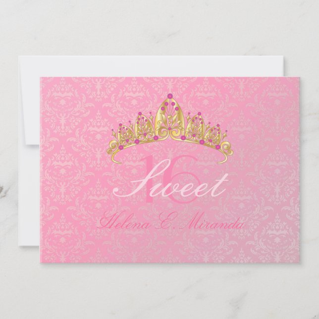 Rosa Damask Sweet 16/ tiara/ inbjudningar (Framsida)