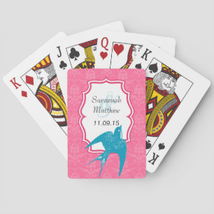 Rosa Damask Teal Svälj Bröllop uppspelningskort Casinokort